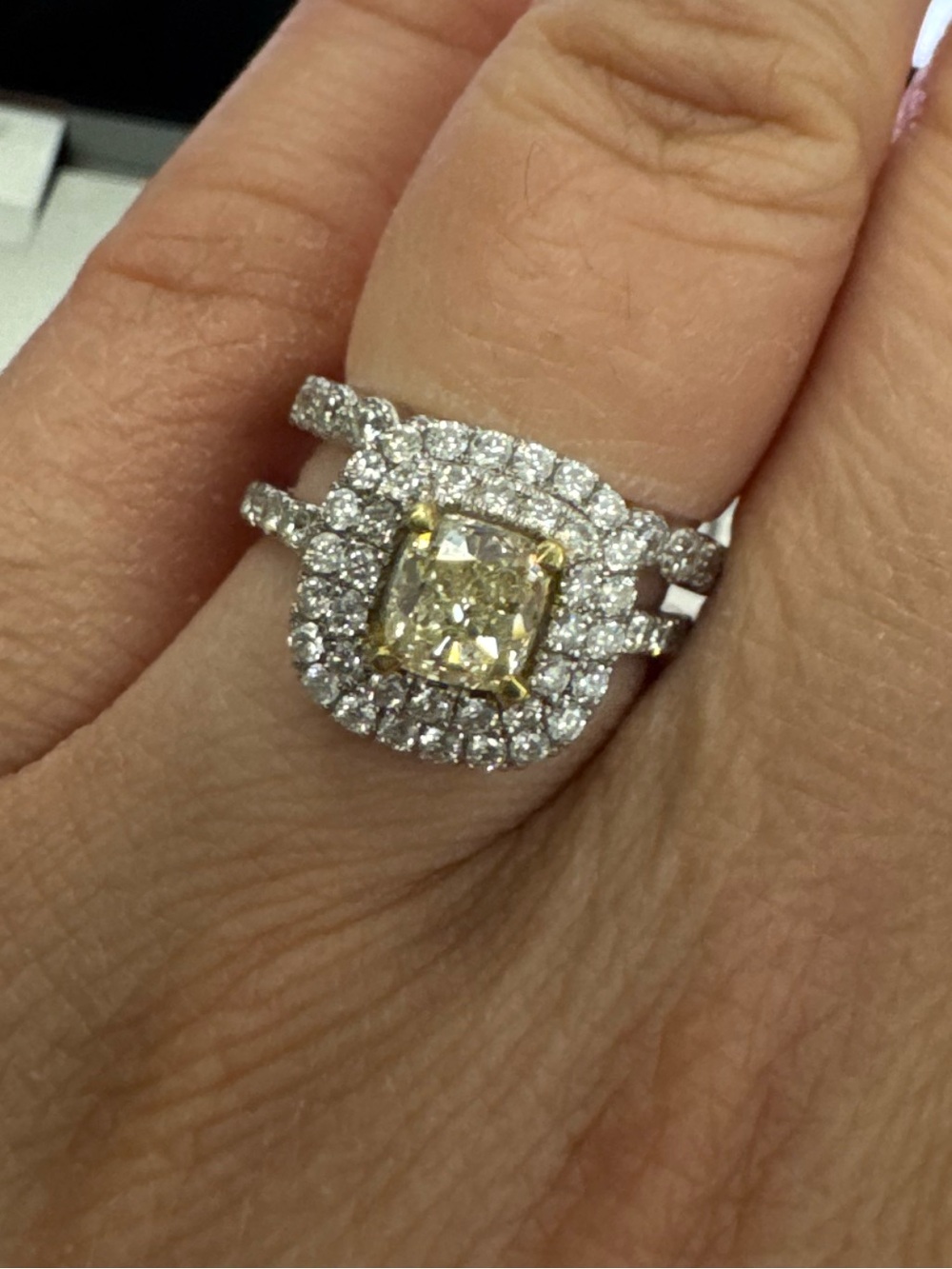 1.93tctw yellow diamond ring with double halo